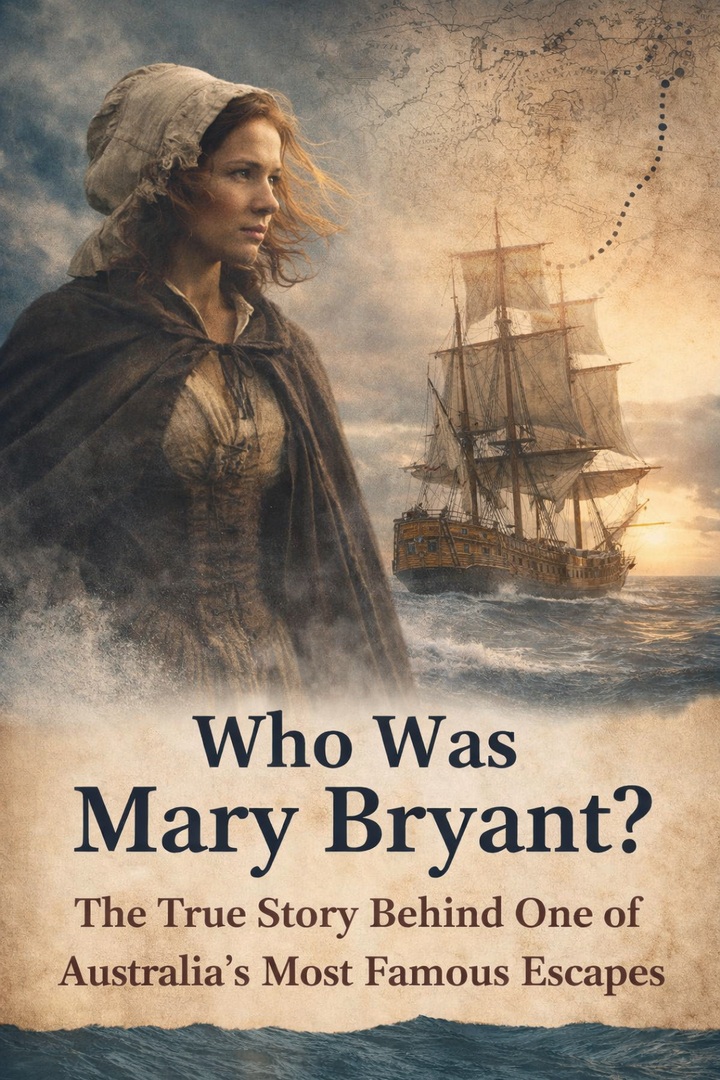 Illustration of Mary Bryant with a sailing ship and ocean, promoting her true story and famous escape from Australia.