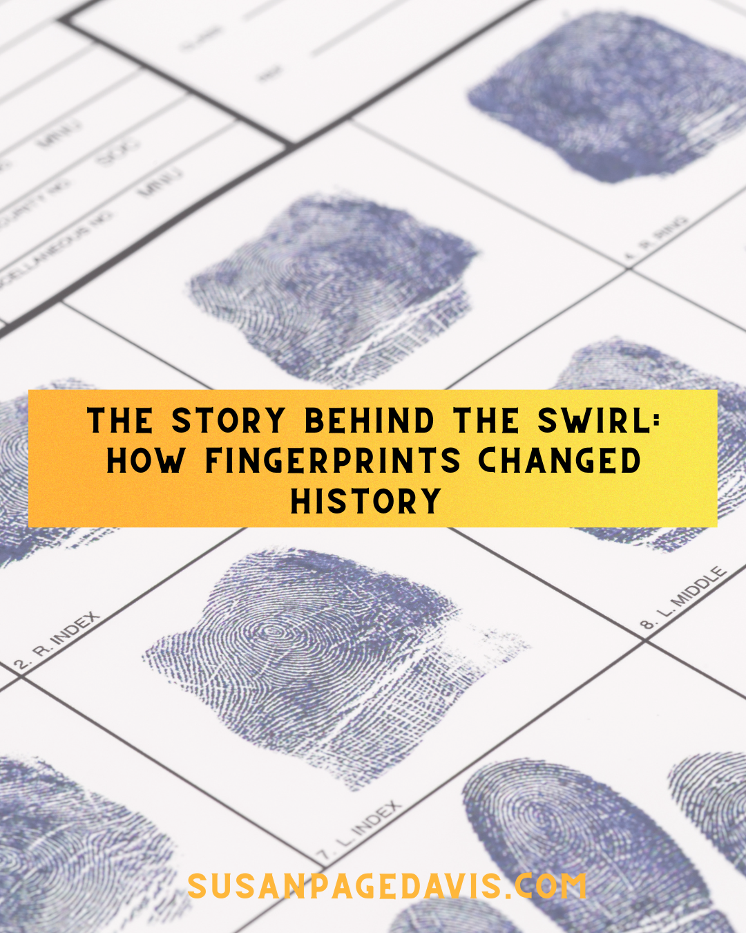 Fingerprint card background with multiple inked prints and overlay text reading “The Story Behind the Swirl: How Fingerprints Changed History” and susanpagedavis.com.