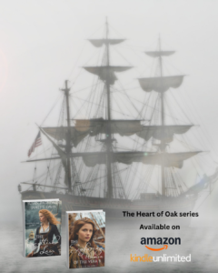 A fog-covered tall sailing ship at sea with two book covers in the foreground—The Seafaring Women of the Vera B and The Scottish Lass by Susan Page Davis and James S. Davis—promoting the Heart of Oak series available on Amazon and Kindle Unlimited.