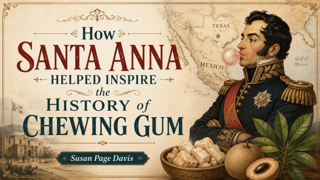 Vintage-style blog graphic featuring the title “How Santa Anna Helped Inspire the History of Chewing Gum,” with an illustrated portrait of Santa Anna blowing a bubble, an antique map of Mexico and Texas, chicle pieces, sapodilla fruit, and the name Susan Page Davis.