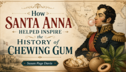Vintage-style blog graphic featuring the title “How Santa Anna Helped Inspire the History of Chewing Gum,” with an illustrated portrait of Santa Anna blowing a bubble, an antique map of Mexico and Texas, chicle pieces, sapodilla fruit, and the name Susan Page Davis.