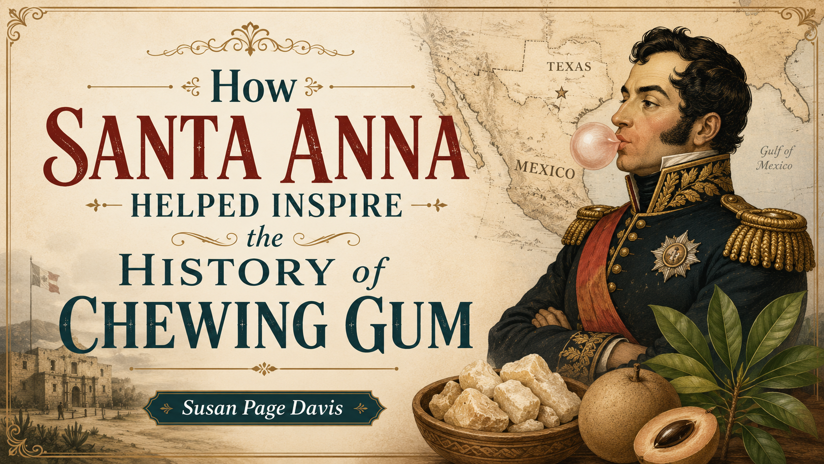 Vintage-style blog graphic featuring the title “How Santa Anna Helped Inspire the History of Chewing Gum,” with an illustrated portrait of Santa Anna blowing a bubble, an antique map of Mexico and Texas, chicle pieces, sapodilla fruit, and the name Susan Page Davis.