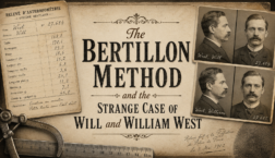 Vintage sepia blog graphic titled “The Bertillon Method and the Strange Case of Will and William West,” featuring an anthropometry record card, mug shot photos, measuring tools, and a fingerprint.