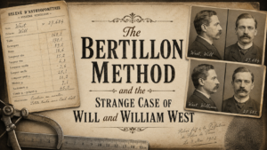 Vintage sepia blog graphic titled “The Bertillon Method and the Strange Case of Will and William West,” featuring an anthropometry record card, mug shot photos, measuring tools, and a fingerprint.