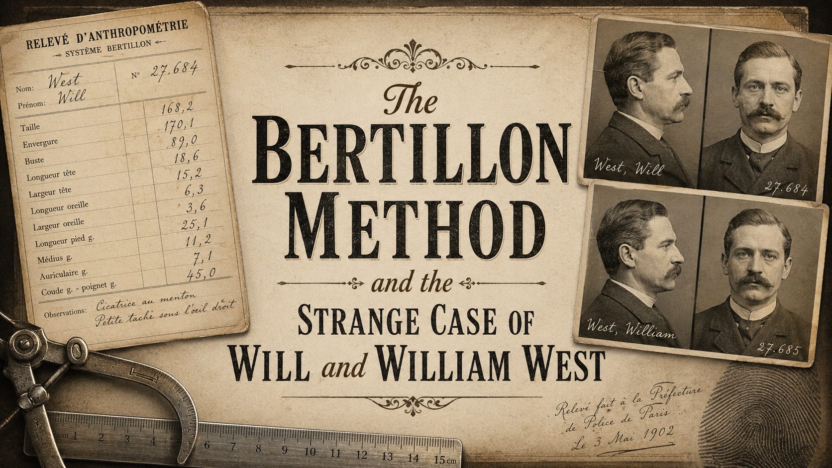 Vintage sepia blog graphic titled “The Bertillon Method and the Strange Case of Will and William West,” featuring an anthropometry record card, mug shot photos, measuring tools, and a fingerprint.