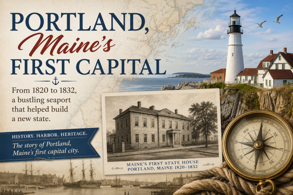 Vintage-style graphic titled “Portland, Maine’s First Capital” featuring a lighthouse on the coast, an antique map, Maine’s first State House, sailing ships, rope, and a compass. Text notes that Portland served as the state capital from 1820 to 1832 and highlights its history, harbor, and maritime heritage.