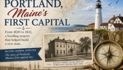 Vintage-style graphic titled “Portland, Maine’s First Capital” featuring a lighthouse on the coast, an antique map, Maine’s first State House, sailing ships, rope, and a compass. Text notes that Portland served as the state capital from 1820 to 1832 and highlights its history, harbor, and maritime heritage.